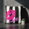 20260228140141-1f114ae0-1d4c-618a-b716-ee5412cc8205.png Black & White Stripe Square Pillow – Pink Kiss Graphic with MIHONO Logo