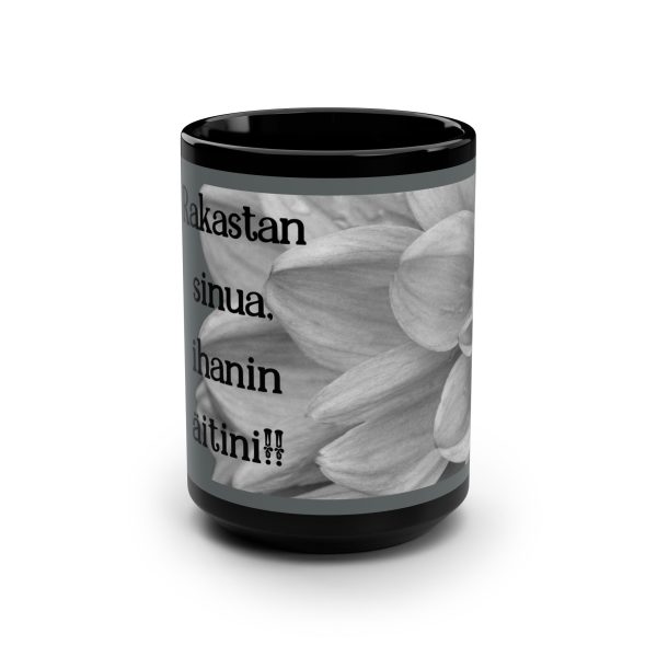 15oz Black Mug — Monochrome Floral Photo with Text (Filipino Sympathy/Condolence Message)