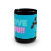 Black Mug — Love You!! Blue Floral Coffee Cup By MIHONO