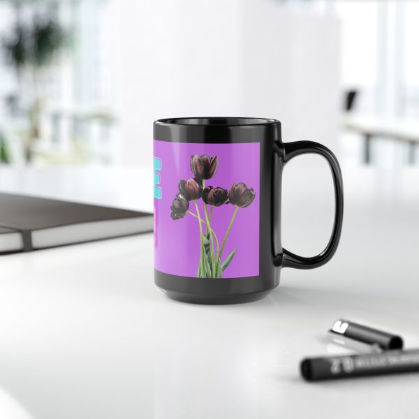 Black Mug – Purple Love You!! Design with Black Tulips By MIHONO