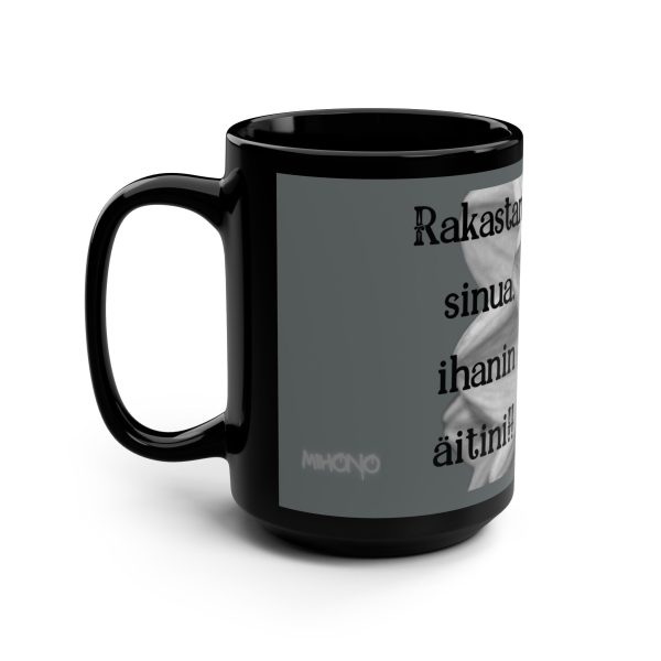 15oz Black Mug — Monochrome Floral Photo with Text (Filipino Sympathy/Condolence Message)