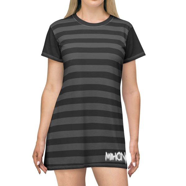 T-Shirt Dress – Black Gray  Striped With MIHONO Logo