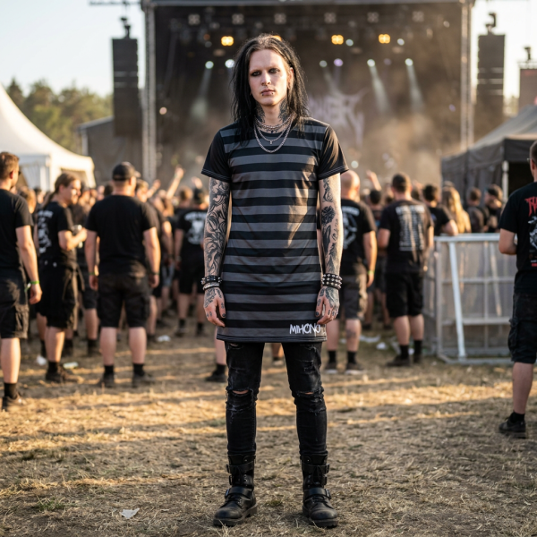 T-Shirt Dress – Black Gray  Striped With MIHONO Logo