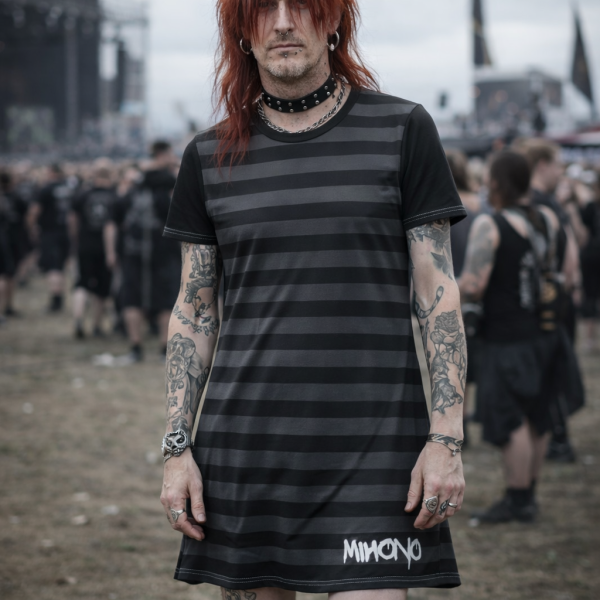 T-Shirt Dress – Black Gray  Striped With MIHONO Logo