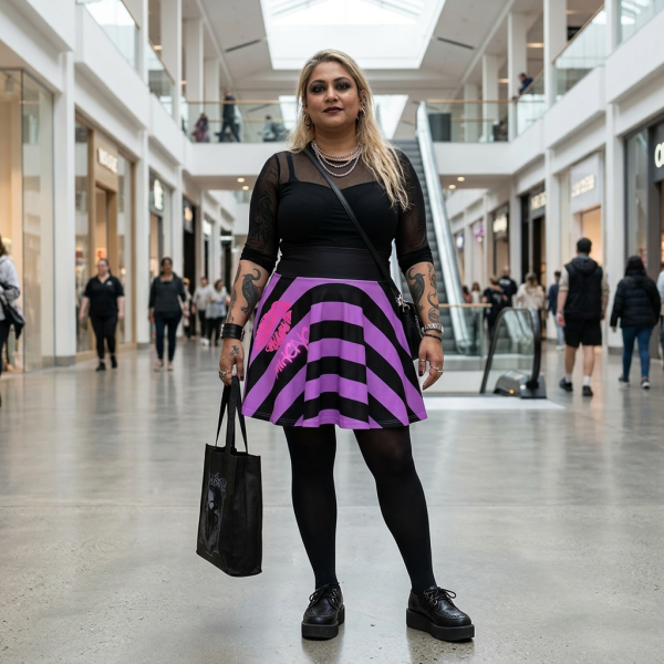 Black And Violet Striped Skater Skirt With MIHONO Logo
