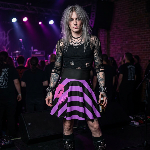 Black And Violet Striped Skater Skirt With MIHONO Logo