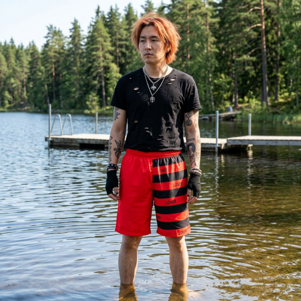 Goth Red & Black Lover/Loser Swim Trunks By MIHONO