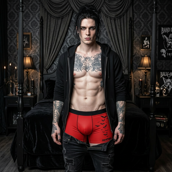 Goth Red Boxer With Flying Bats Print By MIHONO