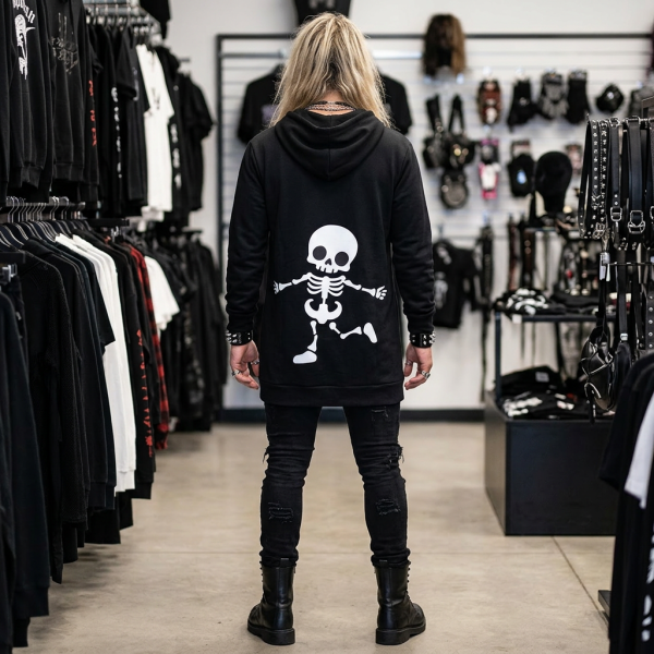 Metal Head Hoodie Dress — Playful Dancing Skeleton Graphic By MIHONO